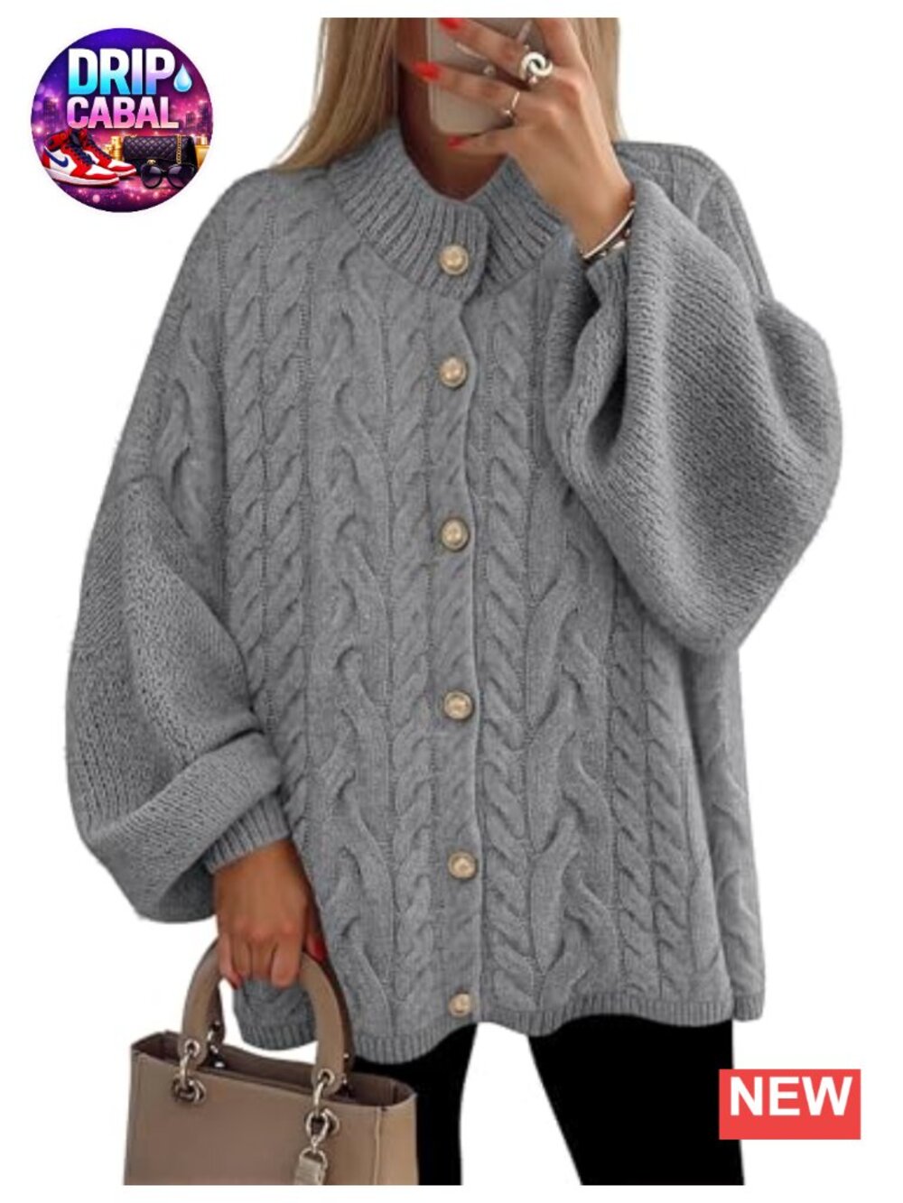 Oversized Chunky Knit Cardigan, Lantern Sleeve, Button Front, Fall Winter
